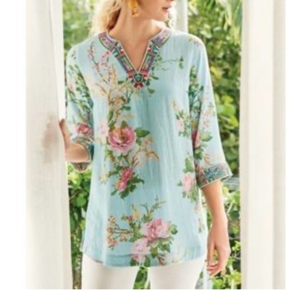 Soft Surroundings Light Blue Floral Tunic embroidered size L